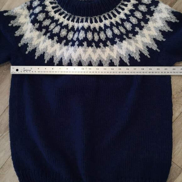 Vintage Wool Fair Isle Sweater Hand Knit Chunky Blue White Men's M Wom L Lovely - Picture 10 of 16